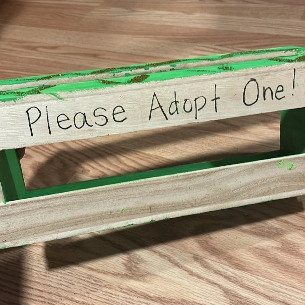 Wooden shelf to hold “animals” for adoption- party favors